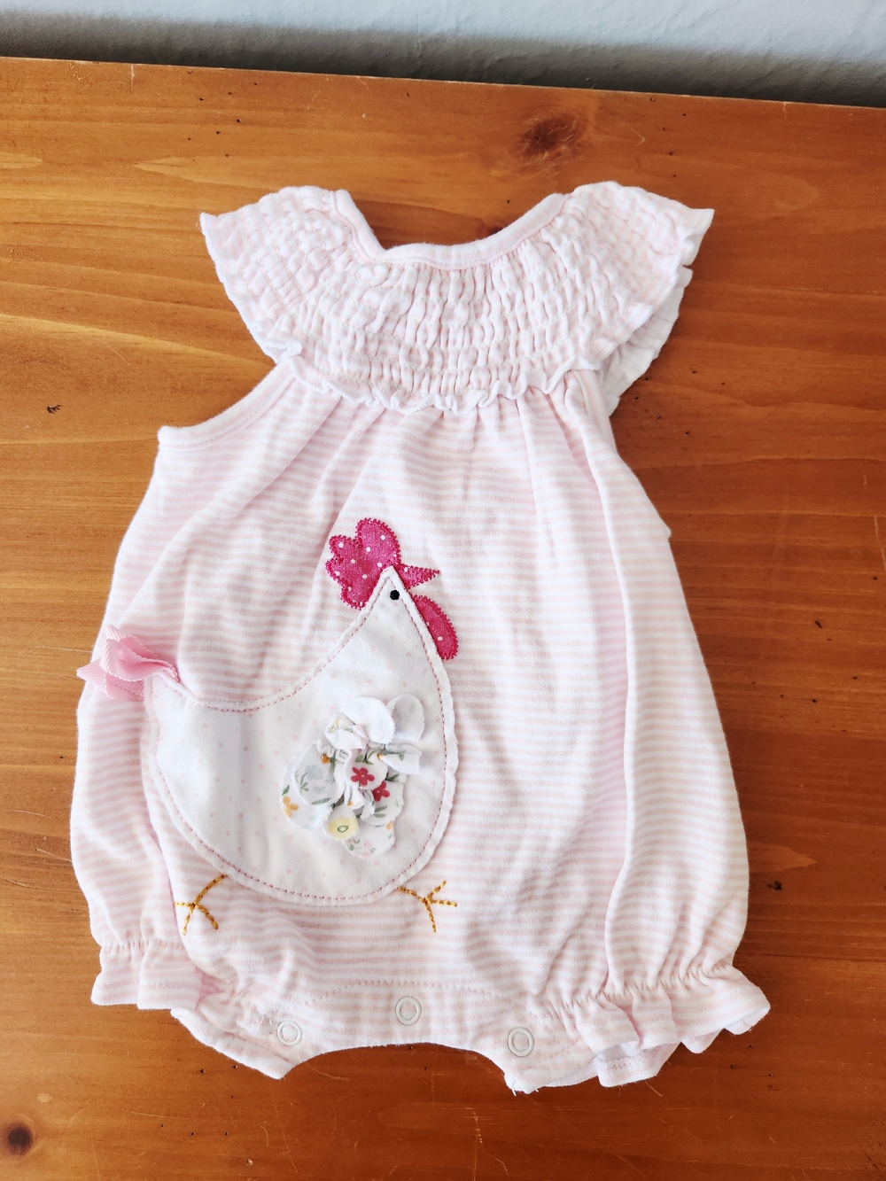 Mud Pie 3-6 Month Pink Chicken Embrodered Appliqué Romper with Smocked Neck